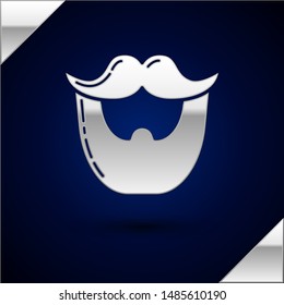 Silver Mustache and beard icon isolated on dark blue background. Barbershop symbol. Facial hair style.  Vector Illustration