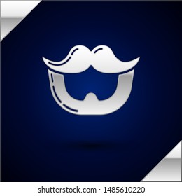 Silver Mustache and beard icon isolated on dark blue background. Barbershop symbol. Facial hair style.  Vector Illustration