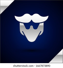 Silver Mustache and beard icon isolated on dark blue background. Barbershop symbol. Facial hair style.  Vector Illustration