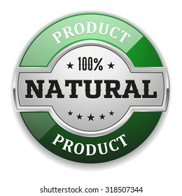 Silver natural product badge with green border on white background