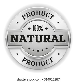 Silver natural product badge on white background