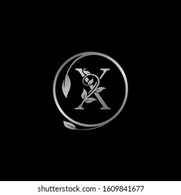 Silver Nature Letter X  logo, vector design concept abstract circle tropical nature leaves with letter logo icon.