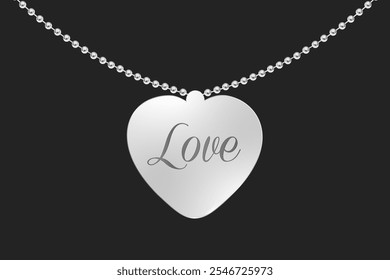 Silver necklace with heart shape and love text. Accessory on black background. Valentine's day, wedding anniversary gift. Vector EPS 10