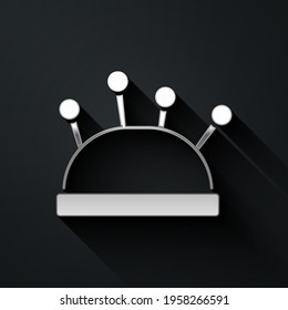 Silver Needle bed and needles icon isolated on black background. Handmade and sewing theme. Long shadow style. Vector