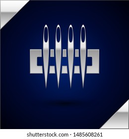Silver Needle for sewing icon isolated on dark blue background. Tailor symbol. Textile sew up craft sign. Embroidery tool.  Vector Illustration