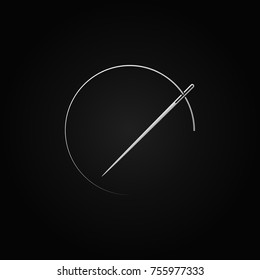 Silver needle and thread round concept icon or sign on dark background