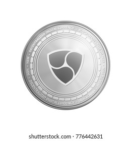 Silver NEM coin. Crypto currency blockchain coin NEM symbol isolated on white background. Realistic vector illustration.