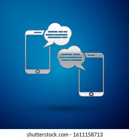 Silver New chat messages notification on phone icon isolated on blue background. Smartphone chatting sms messages speech bubbles.  Vector Illustration