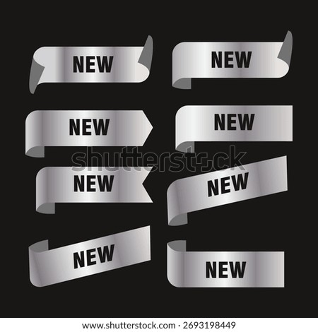 Silver New Label and Banner Set - Modern Silver Ribbon Tag Icon Vectors