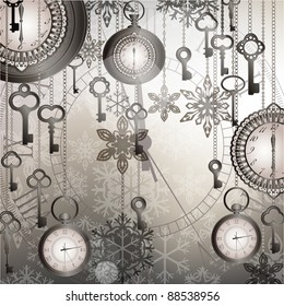 Silver New Year background with antique clocks and keys