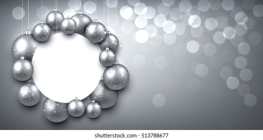 Silver New Year background with Christmas balls. Vector illustration.