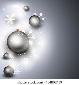 Silver New Year Background with Realistic Christmas Balls and Snowflakes. 3D Illustration