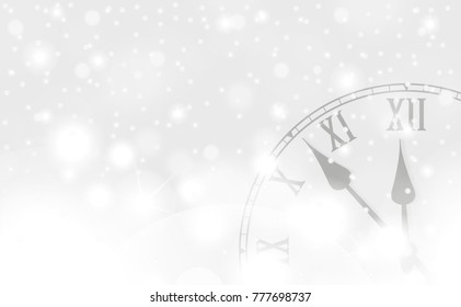 Silver New Year and Christmas concept with vintage clock in white style. Vector illustration