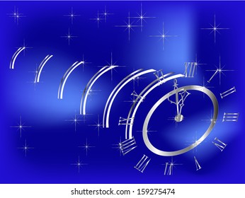Silver New year clock on blue background