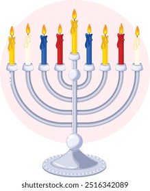 Silver Nine Branched Candelabrum with Colorful Lit Candles