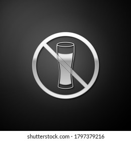 Silver No alcohol icon isolated on black background. Prohibiting alcohol beverages. Forbidden symbol with beer bottle glass. Long shadow style. Vector.
