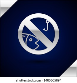 Silver No fishing icon isolated on dark blue background. Prohibition sign.  Vector Illustration