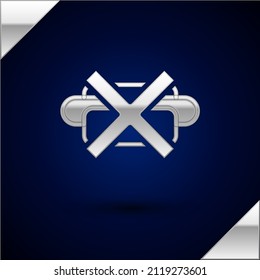 Silver No junk food icon isolated on dark blue background. Prohibited hot dog. No Fast food sign.  Vector