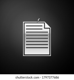 Silver Note paper with pinned pushbutton icon isolated on black background. Memo paper sign. Long shadow style. Vector.
