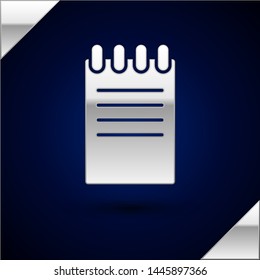 Silver Notebook icon isolated on dark blue background. Spiral notepad icon. School notebook. Writing pad. Diary for business. Notebook cover design.  Vector Illustration