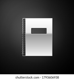 Silver Notebook icon isolated on black background. Spiral notepad icon. School notebook. Writing pad. Diary for business. Office stationery items. Long shadow style. Vector.