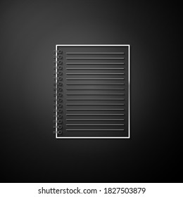 Icono de Silver Notebook aislado en el fondo negro. Nota espiral. Cuaderno escolar. Almohadilla de escritura. Diseño de portada para portátiles. Artículos de papelería de oficina. Estilo de sombra larga. Vector.
