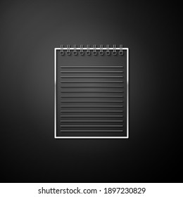 Silver Notebook icon isolated on black background. Spiral notepad icon. School notebook. Writing pad. Diary for business. Notebook cover design. Long shadow style. Vector.