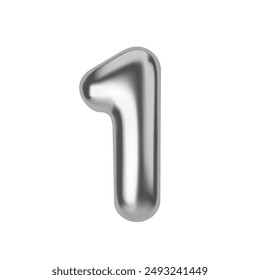 Silver number 1. Foil and latex balloon number One in 3d style. Realistic design elements isolated on white background. Vector illustration