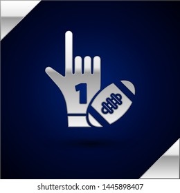 Silver Number 1 one fan hand glove with finger raised and american football ball icon isolated on dark blue background. Set of sport equipment.  Vector Illustration