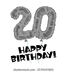 Silver number 20 made with foil. Birthday balloon. Decor for party, birthday. Happy Birthday Lettering. Greeting card.