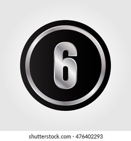 The silver number "6" in black circle button. Vector illustration