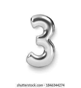 Silver Number Balloon 3 Three. Vector realistic 3d gold shiny character. Isolated decoration element for party, birthday, anniversary and wedding