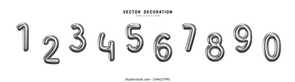 Silver Number Balloons 0 to 9. Metallic Volume 3d render numbers. Party, birthday, celebrate anniversary and wedding. White round font. Realistic design elements. Festive set isolated. vector