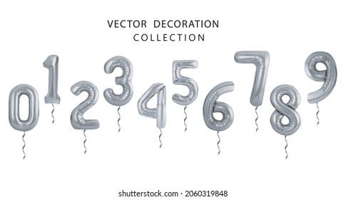 Silver Number Balloons 0 to 9. Foil and latex balloons. Helium ballons. Party, birthday, celebrate anniversary and wedding. Realistic design elements. Festive set isolated. vector illustration
