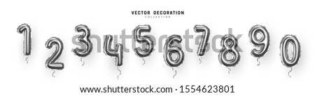 Silver Number Balloons 0 to 9. Foil and latex balloons. Helium ballons. Party, birthday, celebrate anniversary and wedding. Realistic design elements. Festive set isolated. vector illustration Foto stock © 