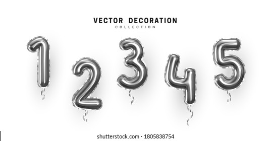 Silberzahl-Ballons. Ballons aus Folie und Latex. Heliumballons. Feier, Geburtstag, Jubiläum und Hochzeit. Realistische Design-Elemente. Festliche 3D-Rendering, einzeln gesetzt. Vektorgrafik