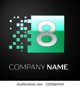 Silver Number Eight logo symbol in the green colorful square with shattered blocks on black background. Vector template for your design