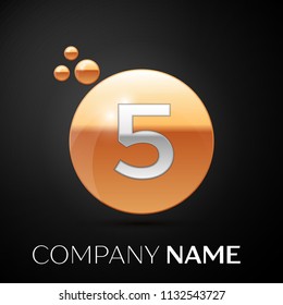 Silver Number Five logo. Gold dots splash and abstract liquid bubble shape on black background. Vector template for your design