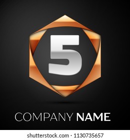 Silver Number Five logo symbol in the colorful golden hexagonal on black background. Vector template for your design