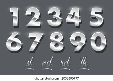 Silver number metal set vector illustration. 3d shiny chrome, platinum or stainless steel numbers with glossy glitter effect, metallic logo design element collection isolated on grey background