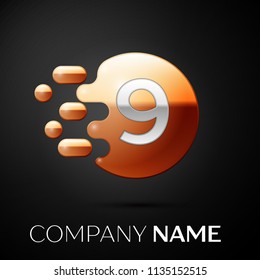 Silver Number Nine logo. Gold dots splash and abstract liquid bubble shape on black background. Vector template for your design
