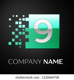 Silver Number Nine logo symbol in the green colorful square with shattered blocks on black background. Vector template for your design