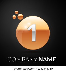 Silver Number One logo. Gold dots splash and abstract liquid bubble shape on black background. Vector template for your design