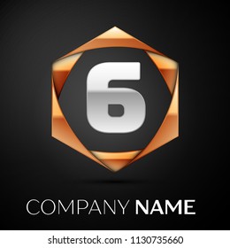 Silver Number Six logo symbol in the colorful golden hexagonal on black background. Vector template for your design