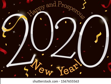 Silver number with streamers, confetti and glows ready for New Year party, welcoming the year 2020.
