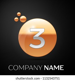 Silver Number Three logo. Gold dots splash and abstract liquid bubble shape on black background. Vector template for your design