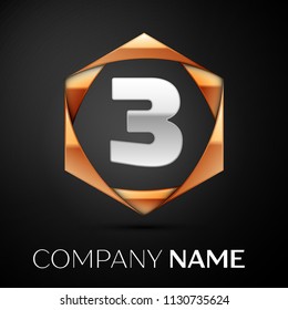 Silver Number Three logo symbol in the colorful golden hexagonal on black background. Vector template for your design