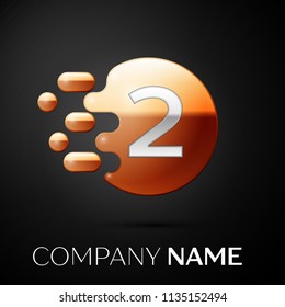 Silver Number Two logo. Gold dots splash and abstract liquid bubble shape on black background. Vector template for your design