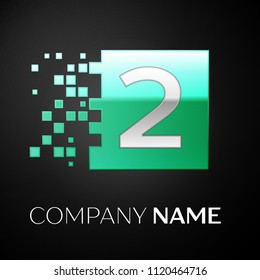 Silver Number Two logo symbol in the green colorful square with shattered blocks on black background. Vector template for your design