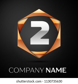 Silver Number Two logo symbol in the colorful golden hexagonal on black background. Vector template for your design